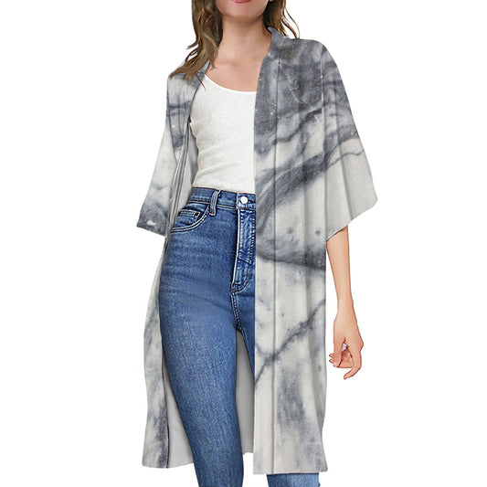 Dark Grey White Marble Print Open Front Beach Cover Up