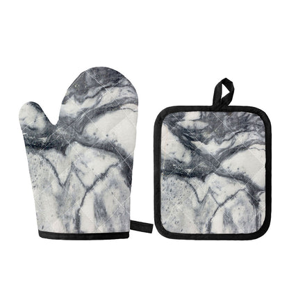 Dark Grey White Marble Print Oven Mitt And Pot Holder Set