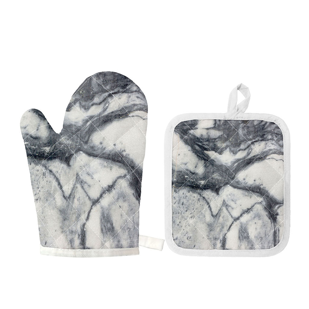 Dark Grey White Marble Print Oven Mitt And Pot Holder Set