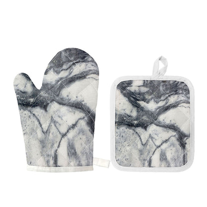 Dark Grey White Marble Print Oven Mitt And Pot Holder Set