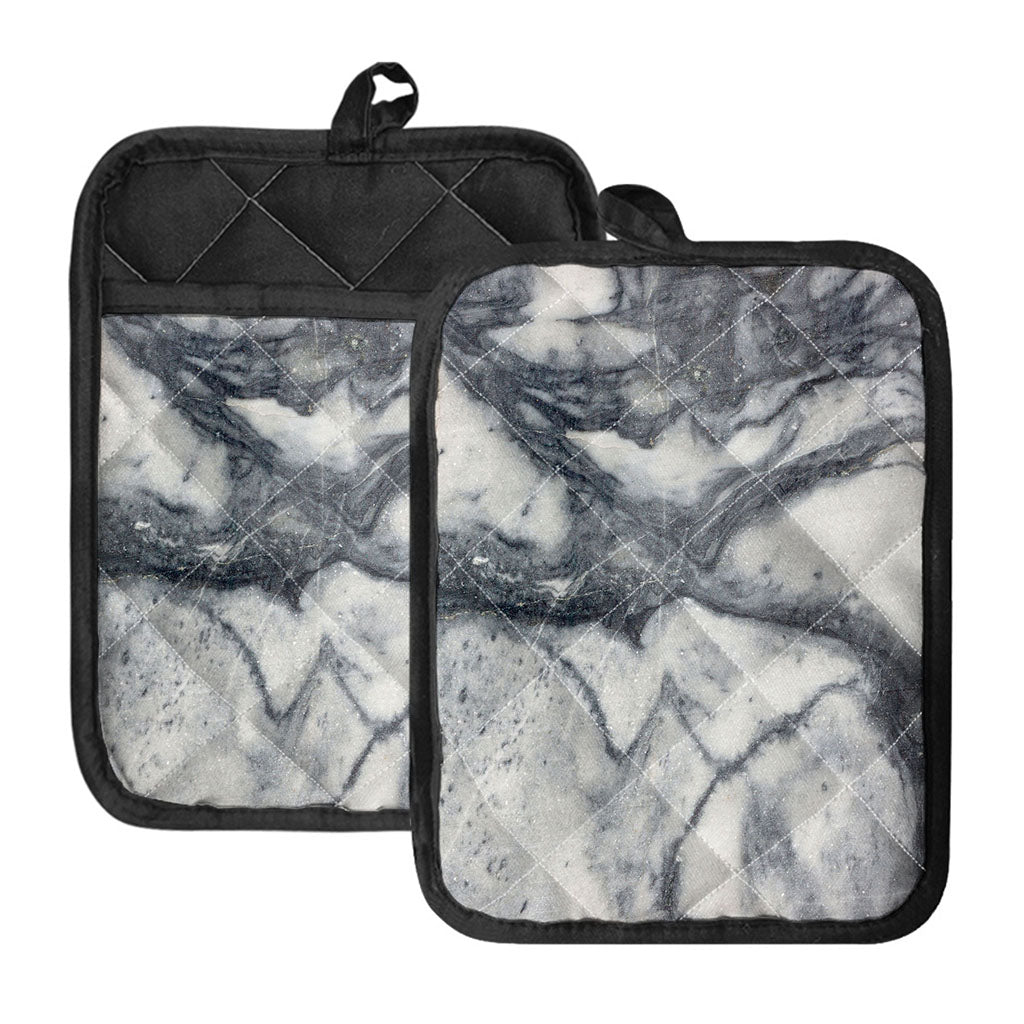 Dark Grey White Marble Print Pot Holders With Pocket