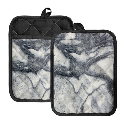 Dark Grey White Marble Print Pot Holders With Pocket