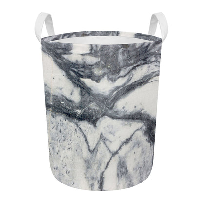 Dark Grey White Marble Print Round Laundry Basket