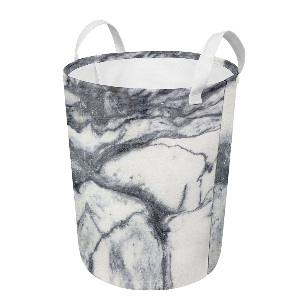 Dark Grey White Marble Print Round Laundry Basket