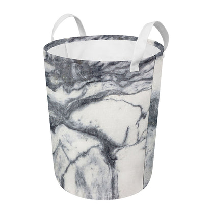 Dark Grey White Marble Print Round Laundry Basket