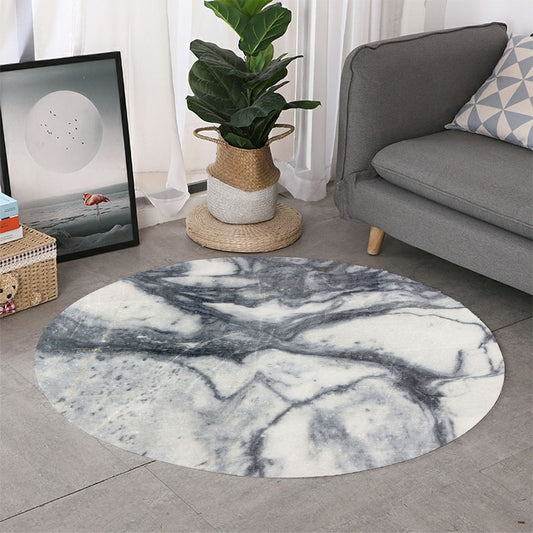Dark Grey White Marble Print Round Rug