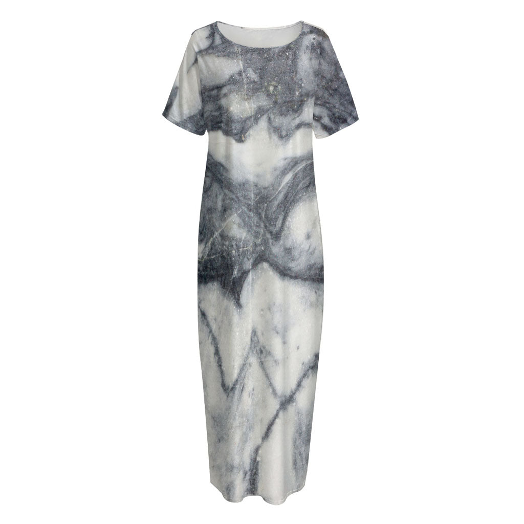 Dark Grey White Marble Print Short Sleeve Long Nightdress