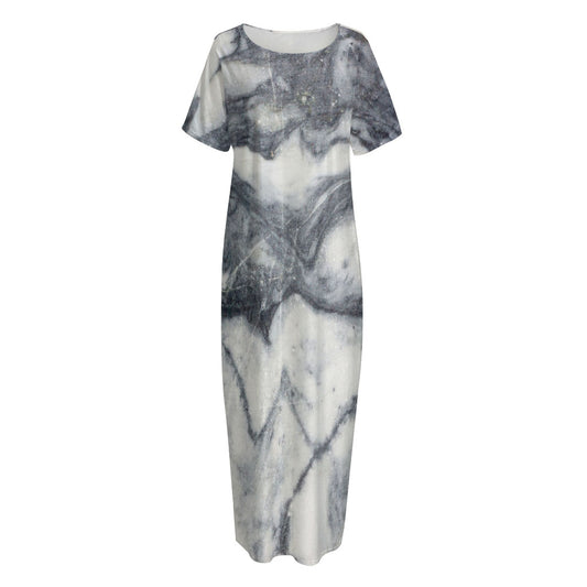 Dark Grey White Marble Print Short Sleeve Long Nightdress