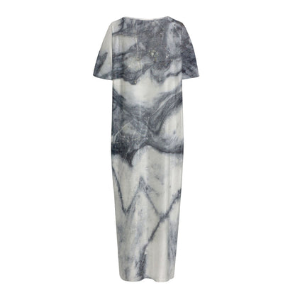 Dark Grey White Marble Print Short Sleeve Long Nightdress