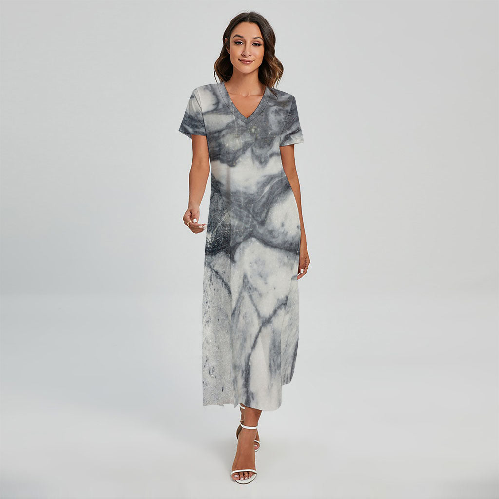 Dark Grey White Marble Print Short Sleeve Maxi Dress