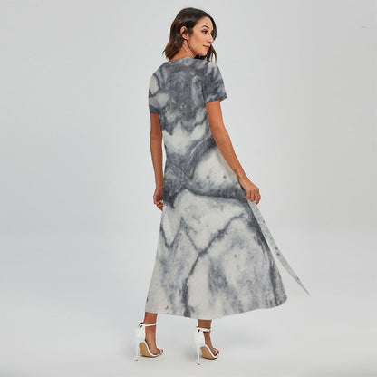 Dark Grey White Marble Print Short Sleeve Maxi Dress