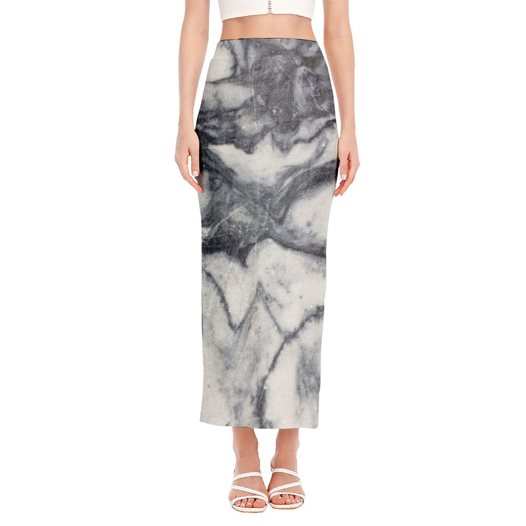 Dark Grey White Marble Print Side Slit Maxi Skirt