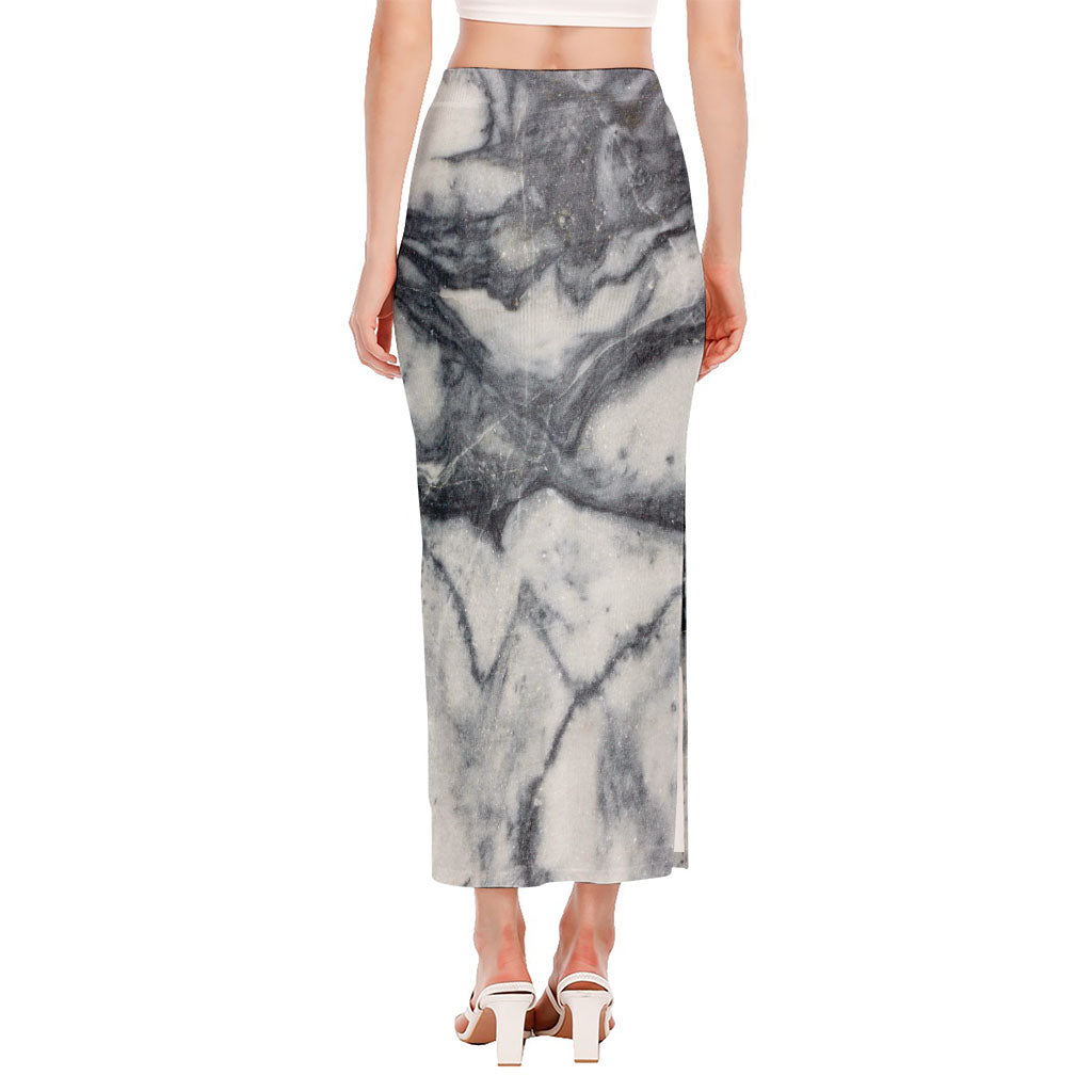 Dark Grey White Marble Print Side Slit Maxi Skirt