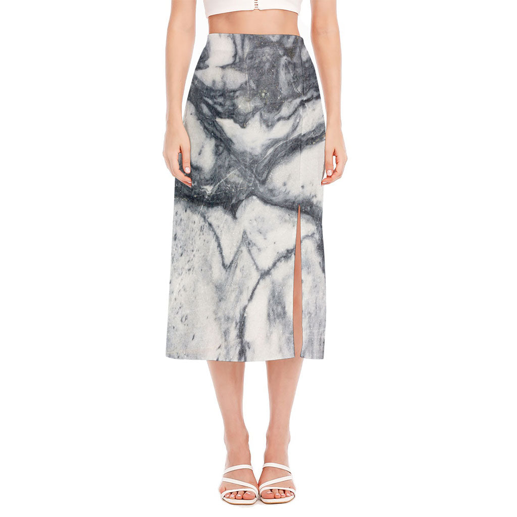 Dark Grey White Marble Print Side Slit Midi Skirt