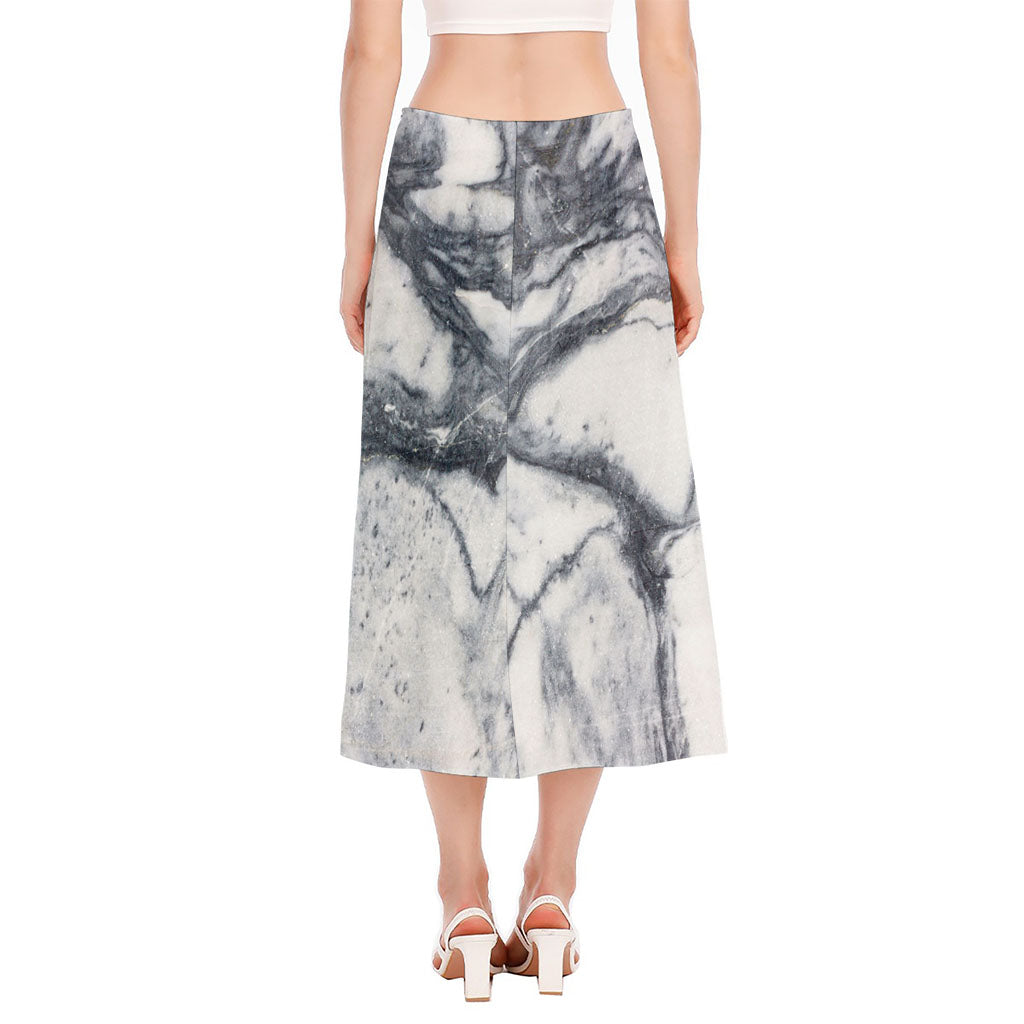 Dark Grey White Marble Print Side Slit Midi Skirt