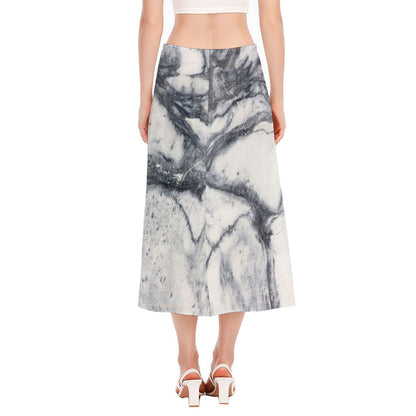 Dark Grey White Marble Print Side Slit Midi Skirt