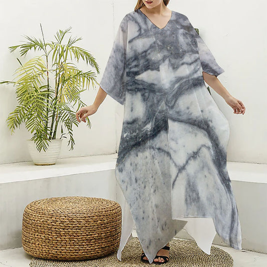 Dark Grey White Marble Print Silk V-Neck Kaftan Dress