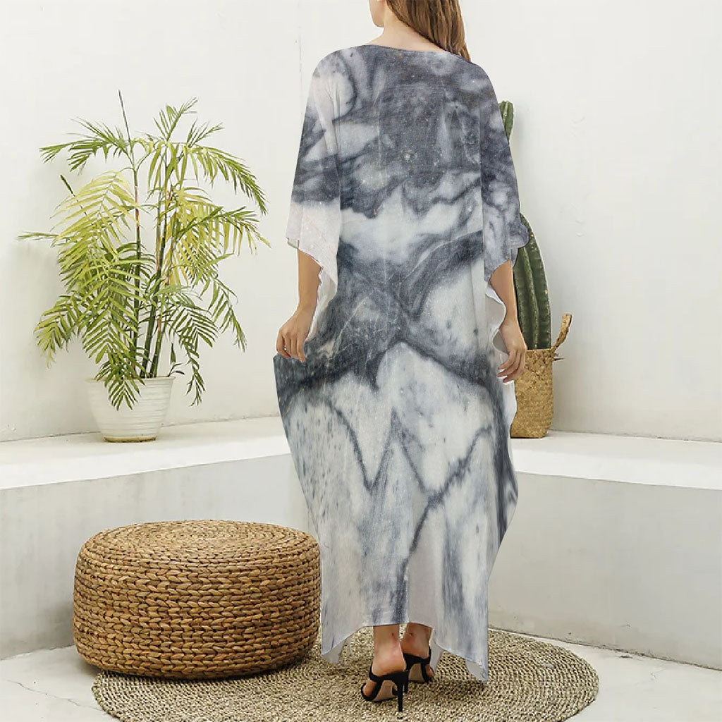 Dark Grey White Marble Print Silk V-Neck Kaftan Dress