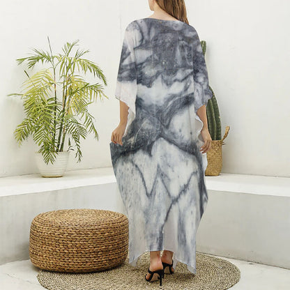 Dark Grey White Marble Print Silk V-Neck Kaftan Dress