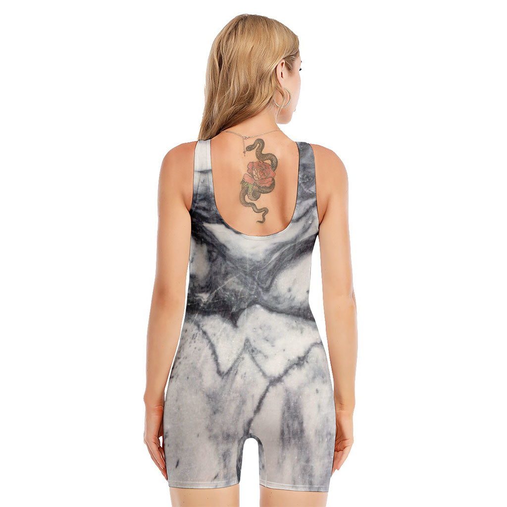 Dark Grey White Marble Print Sleeveless One Piece Swimsuit