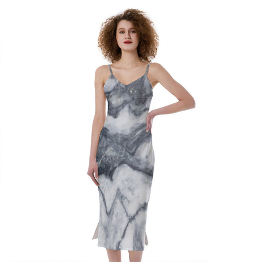 Dark Grey White Marble Print Slim Fit Midi Cami Dress