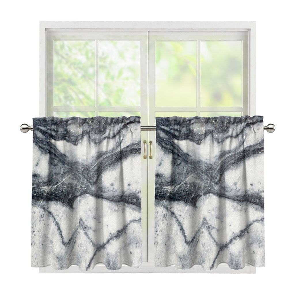 Dark Grey White Marble Print Tier Curtains