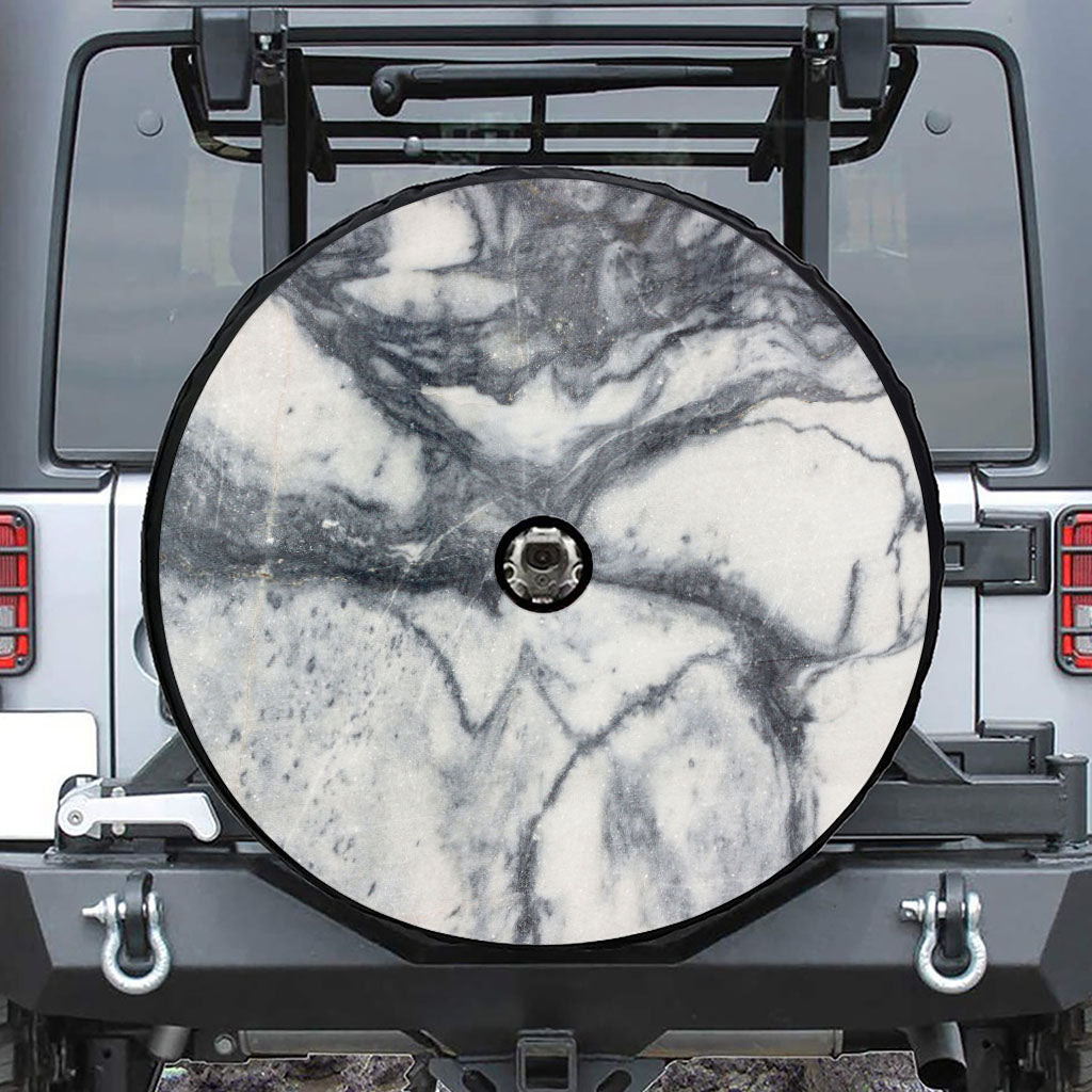 Dark Grey White Marble Print Tire Cover With Camera Hole