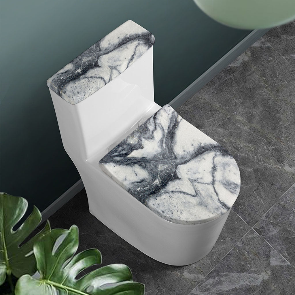 Dark Grey White Marble Print Toilet Lid And Tank Cover Set