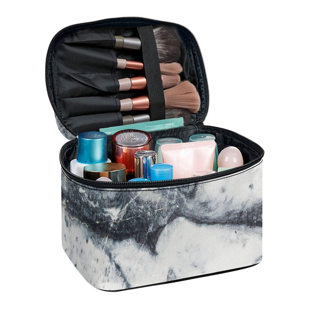 Dark Grey White Marble Print Travel Makeup Bag