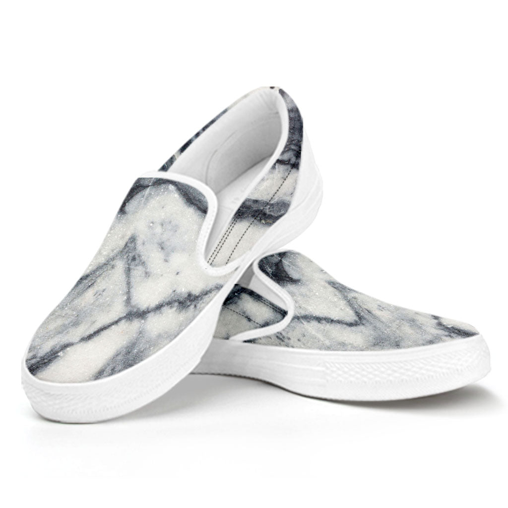 Dark Grey White Marble Print White Slip On Sneakers