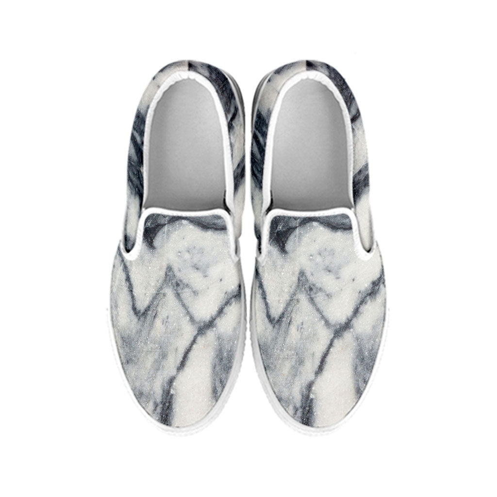 Dark Grey White Marble Print White Slip On Sneakers