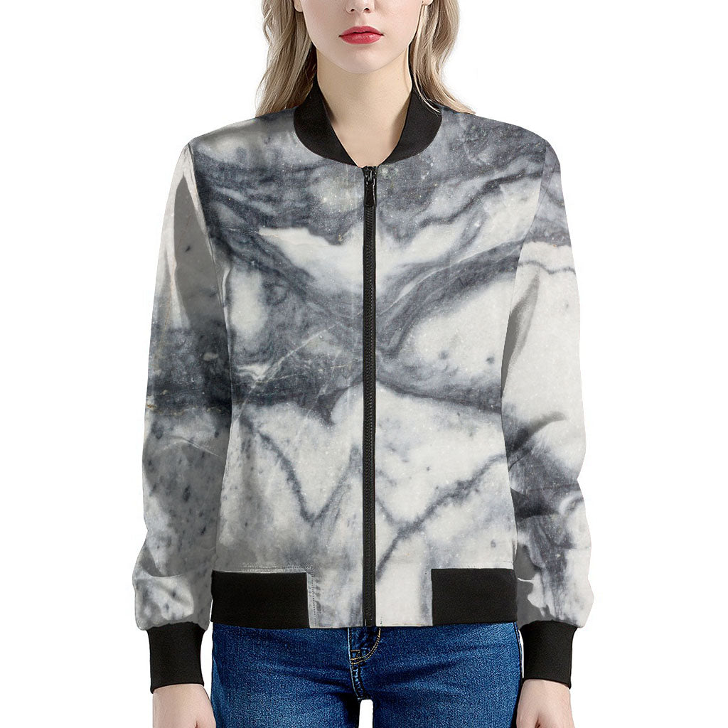 Dark Grey White Marble Print Women's Bomber Jacket