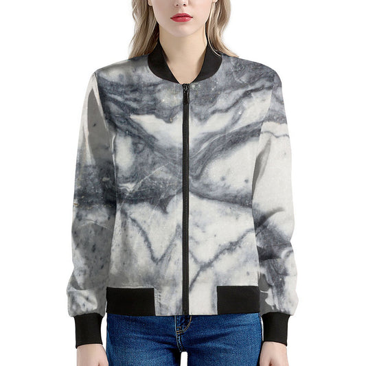 Dark Grey White Marble Print Women's Bomber Jacket