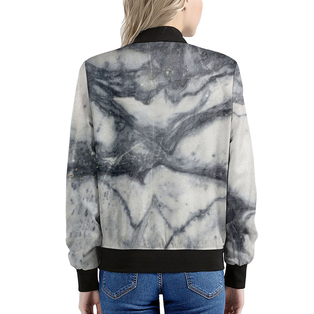 Dark Grey White Marble Print Women's Bomber Jacket