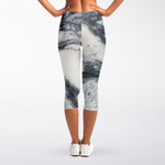 Dark Grey White Marble Print Women's Capri Leggings