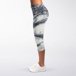 Dark Grey White Marble Print Women's Capri Leggings
