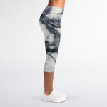 Dark Grey White Marble Print Women's Capri Leggings