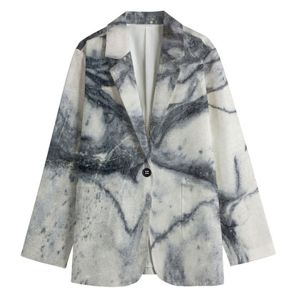 Dark Grey White Marble Print Women's Cotton Blazer