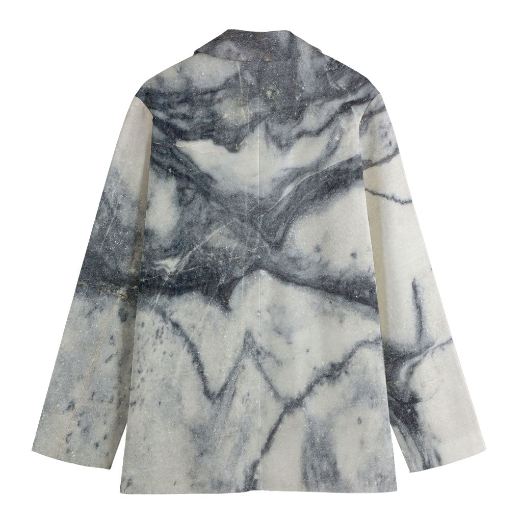 Dark Grey White Marble Print Women's Cotton Blazer