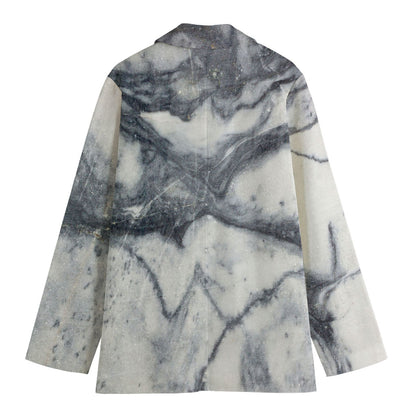 Dark Grey White Marble Print Women's Cotton Blazer