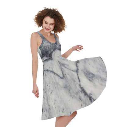 Dark Grey White Marble Print Women's Sleeveless Dress
