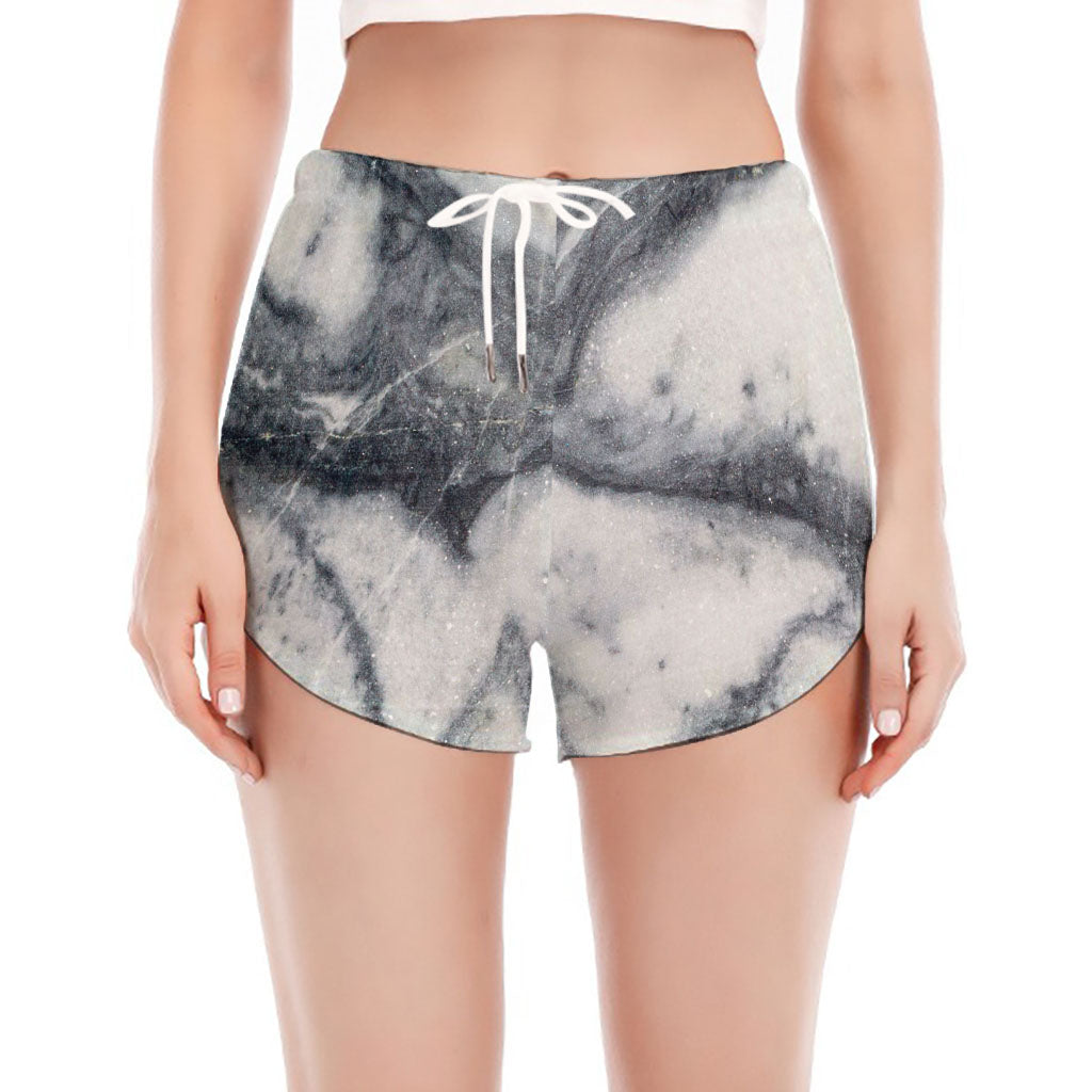 Dark Grey White Marble Print Women's Split Running Shorts