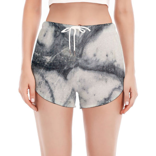 Dark Grey White Marble Print Women's Split Running Shorts