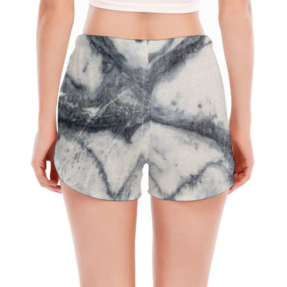 Dark Grey White Marble Print Women's Split Running Shorts