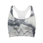 Dark Grey White Marble Print Women's Sports Bra