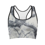 Dark Grey White Marble Print Women's Sports Bra