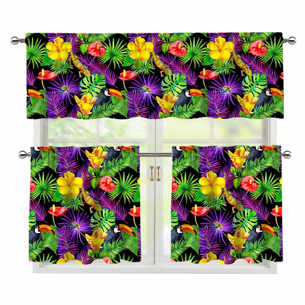 Dark Hawaiian Tropical Pattern Print 3 Piece Kitchen Curtains