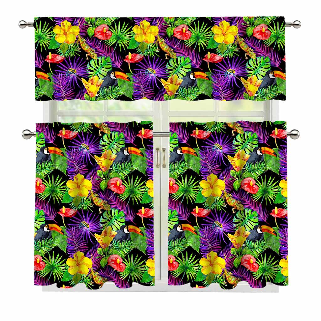 Dark Hawaiian Tropical Pattern Print 3 Piece Kitchen Curtains