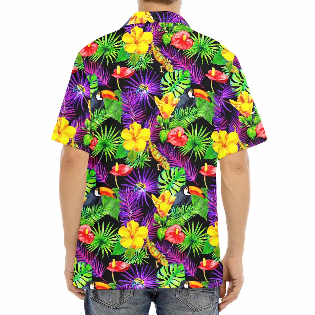Dark Hawaiian Tropical Pattern Print Aloha Shirt