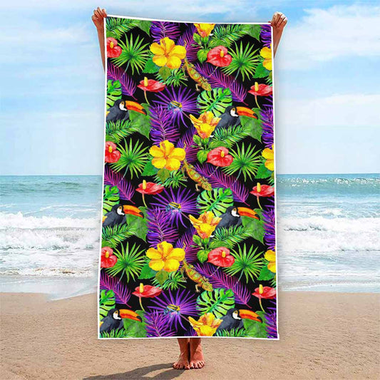 Dark Hawaiian Tropical Pattern Print Beach Towel